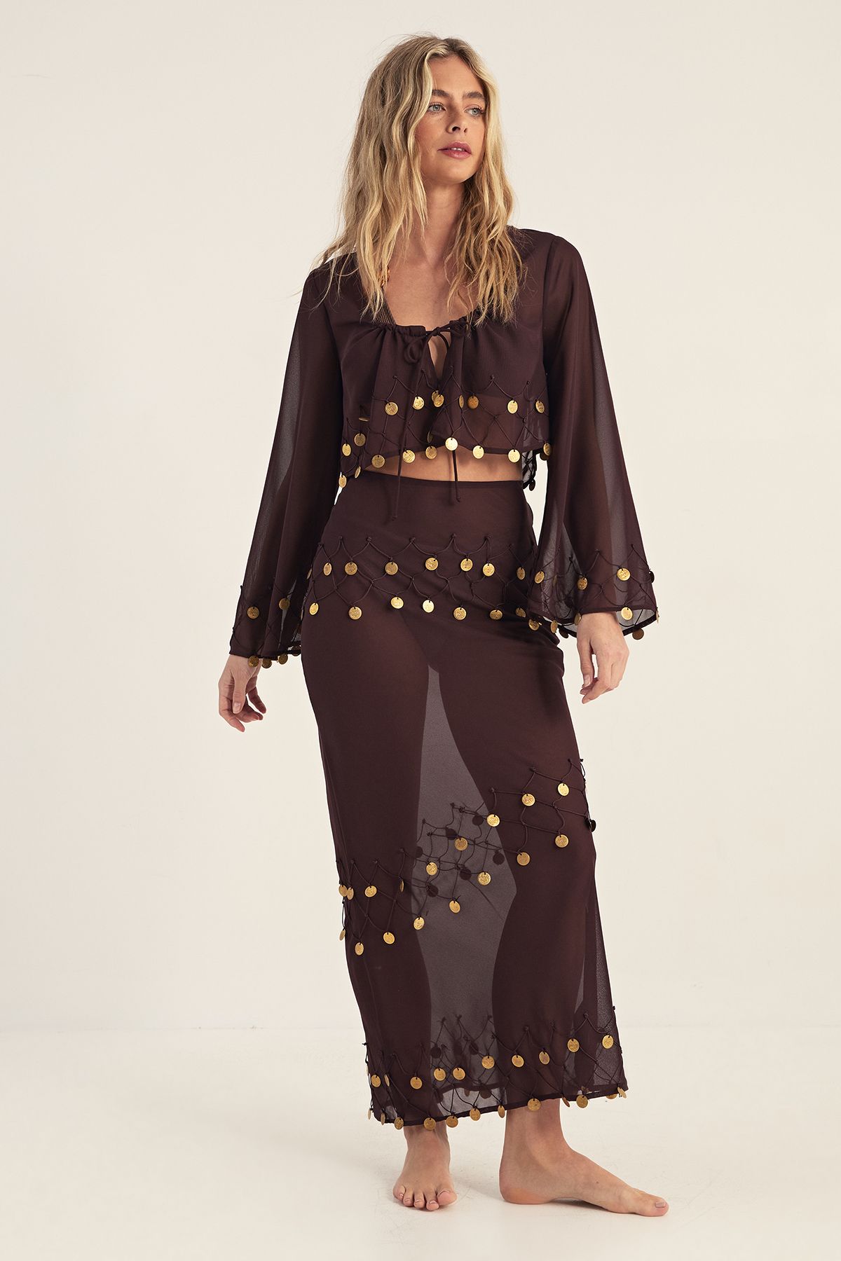 NastyGal Sheer Coin Trim Maxi Beach Skirt Chocolate