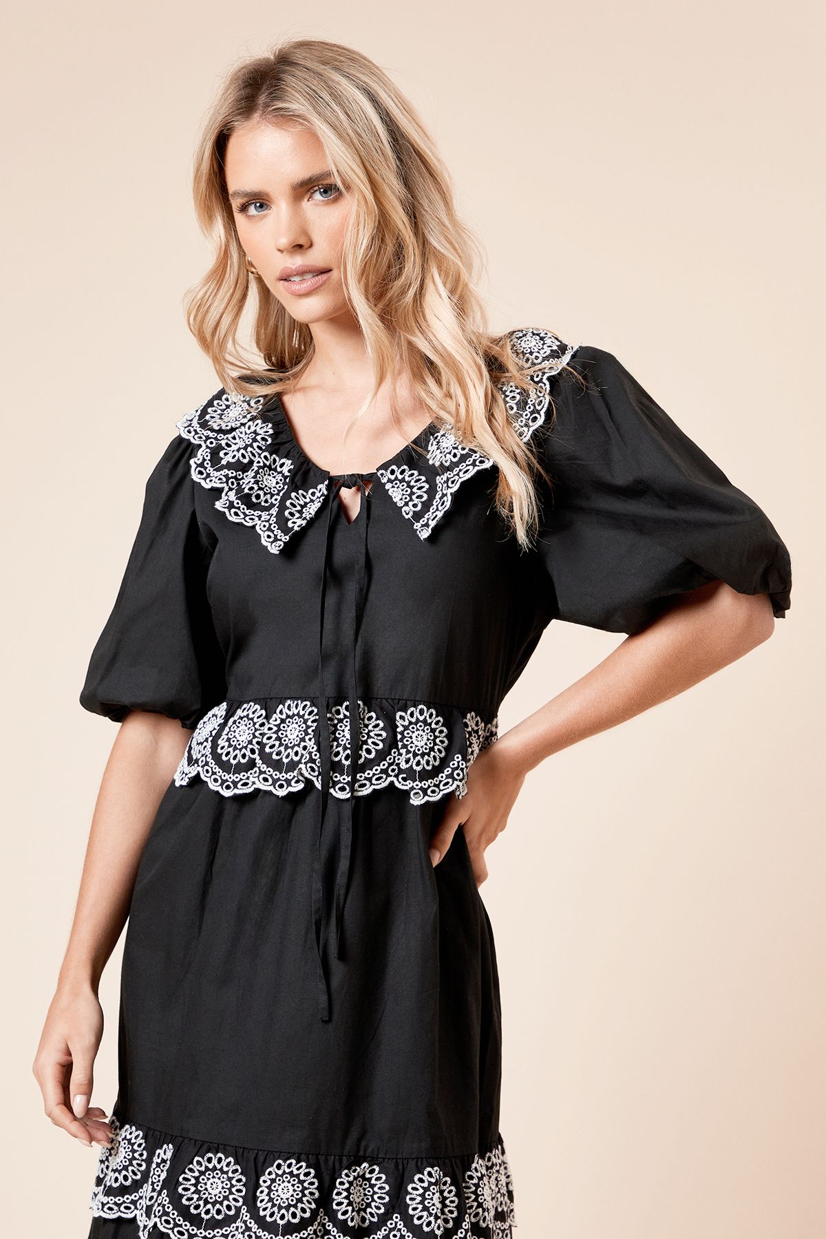 Dorothy Perkins Petite Embroidered Tiered Midi Dress Mono image 4