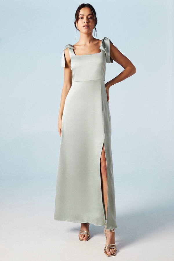 Oasis Satin Tie Shoulder Midi Bridesmaids Dress Sage