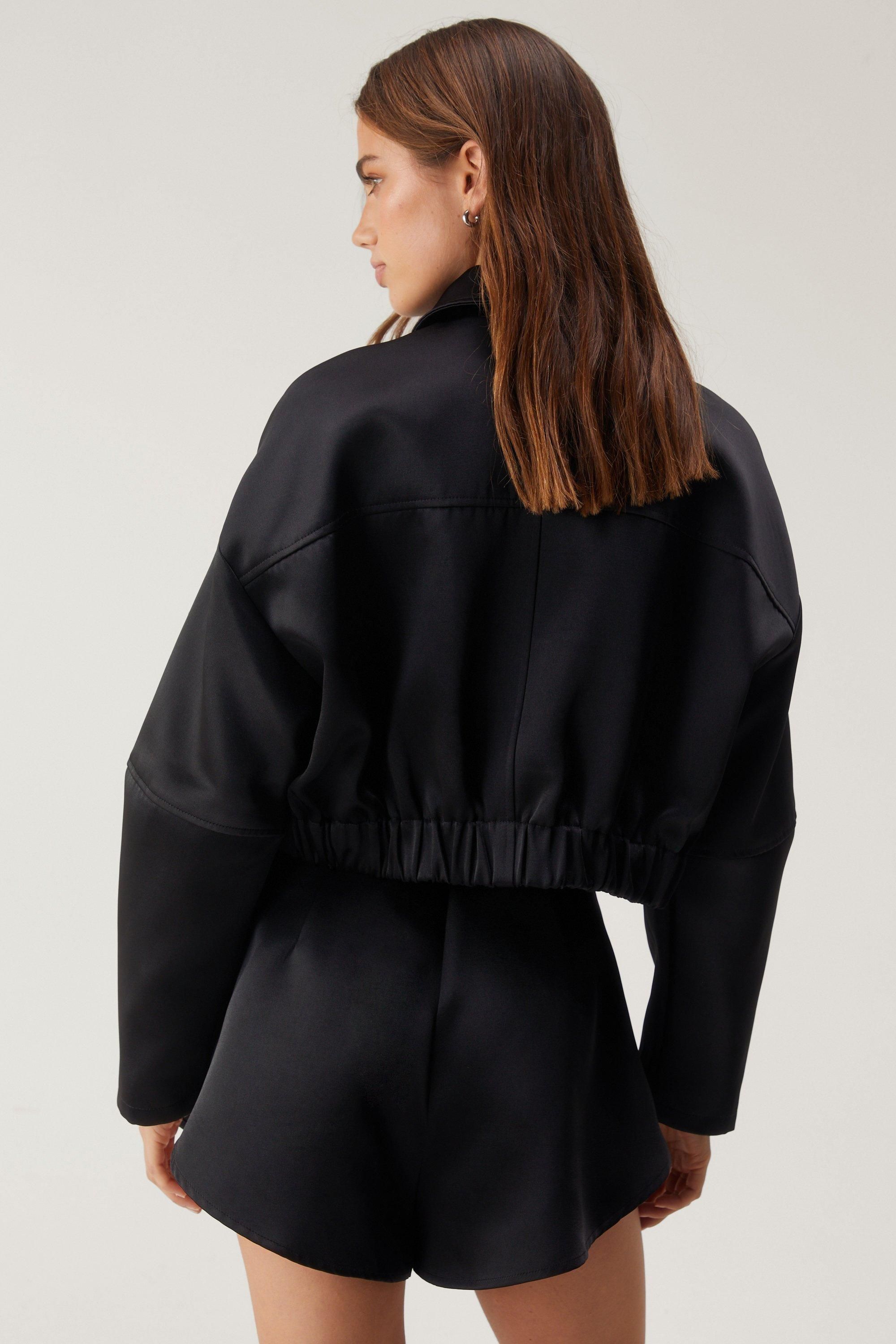 NastyGal Premium Satin Tailored Structured Sleeve Cropped Bomber Jacket Black image 4