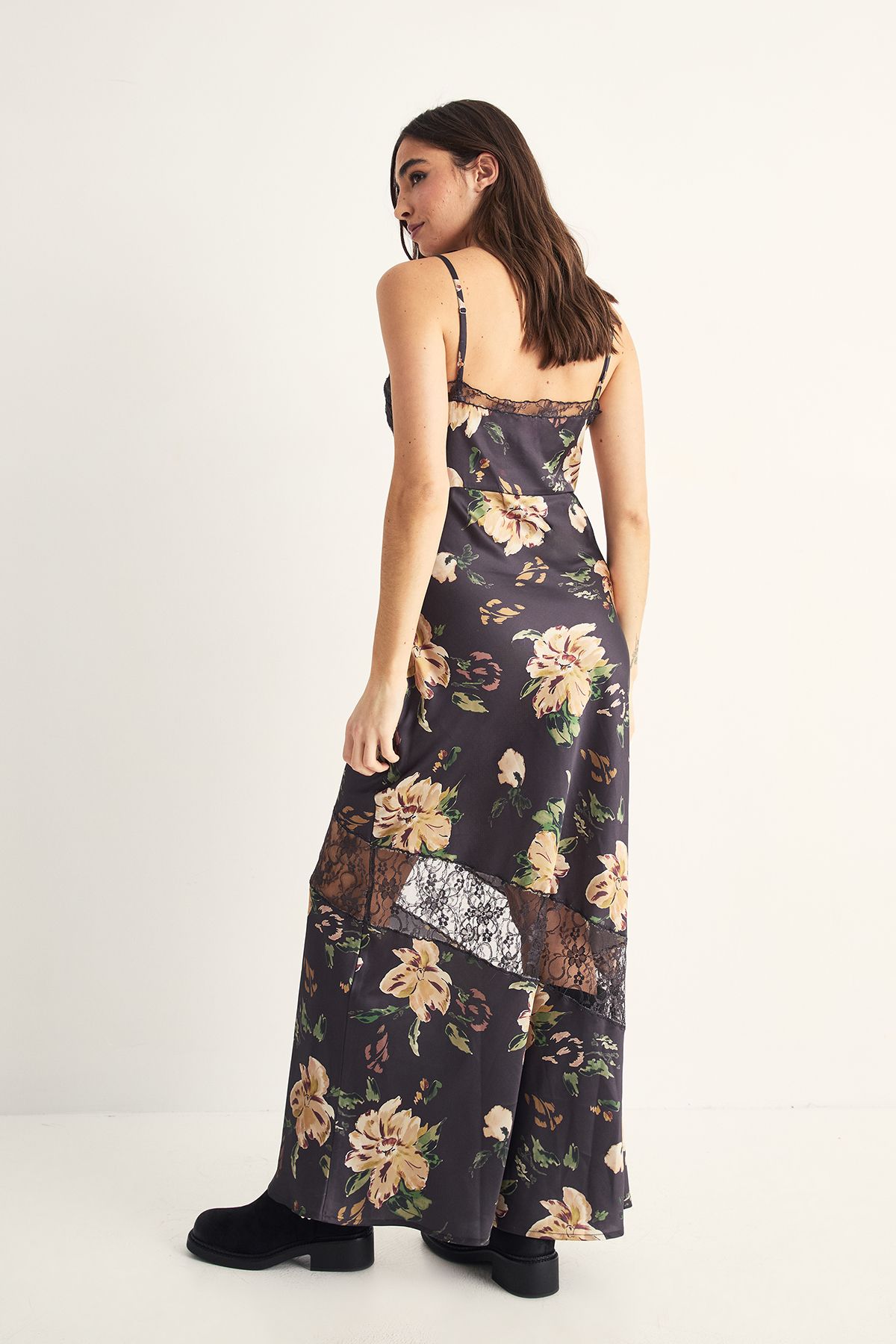 NastyGal Satin Floral Cutwork Lace Split Leg Maxi Dress Black image 4