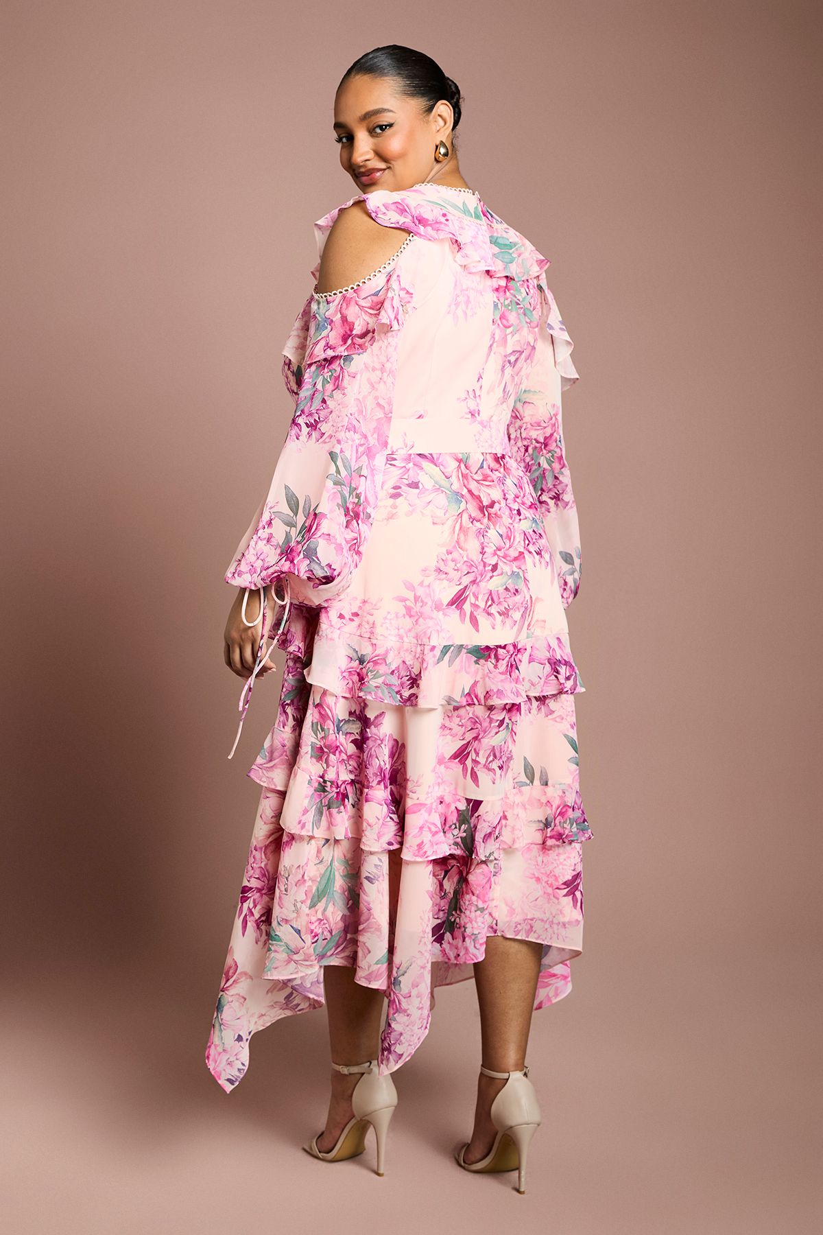 Coast Plus Cold Shoulder Printed Ruffle Midi Dress Pink image 3