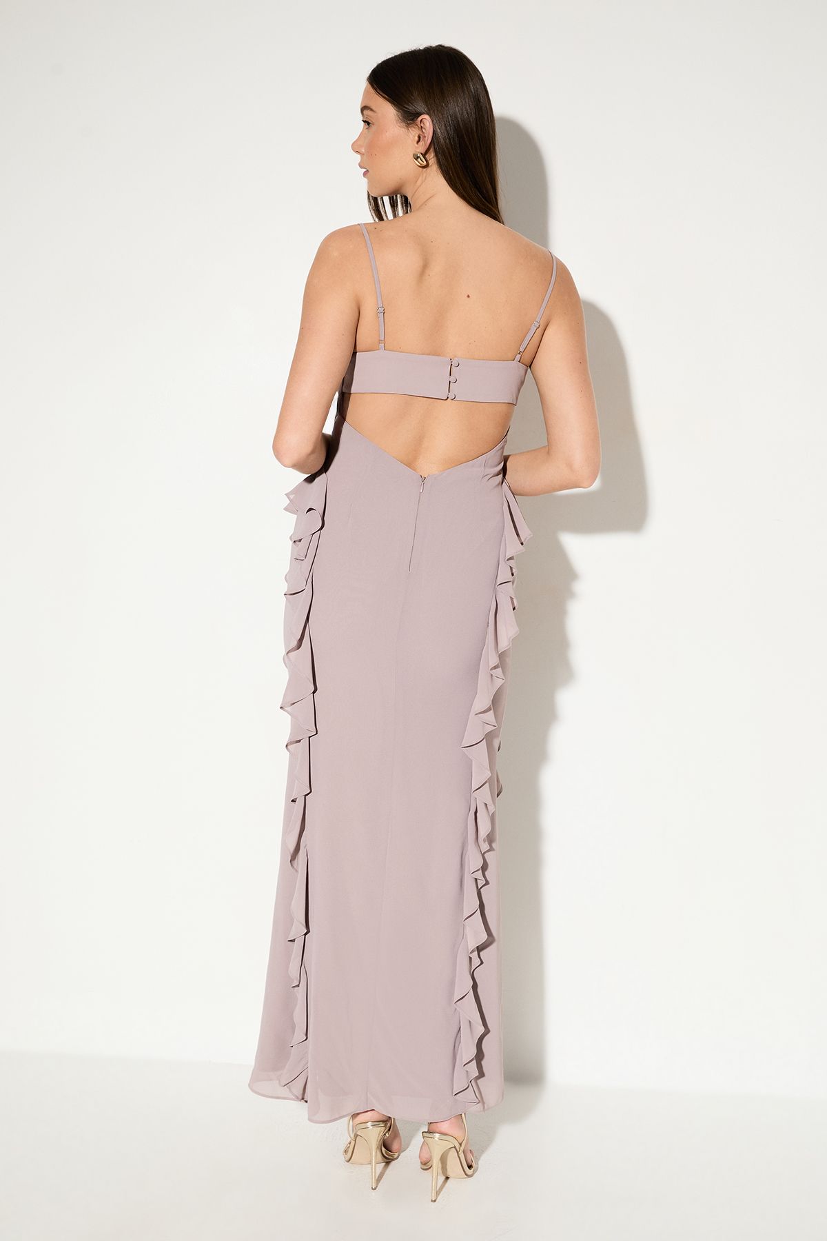 MissPap Ruffle Detail Open Back Maxi Dress Mink image 3