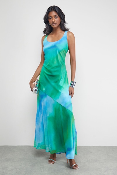 Warehouse Ombre Chiffon Square Neck Bias Midi Slip Dress Blue