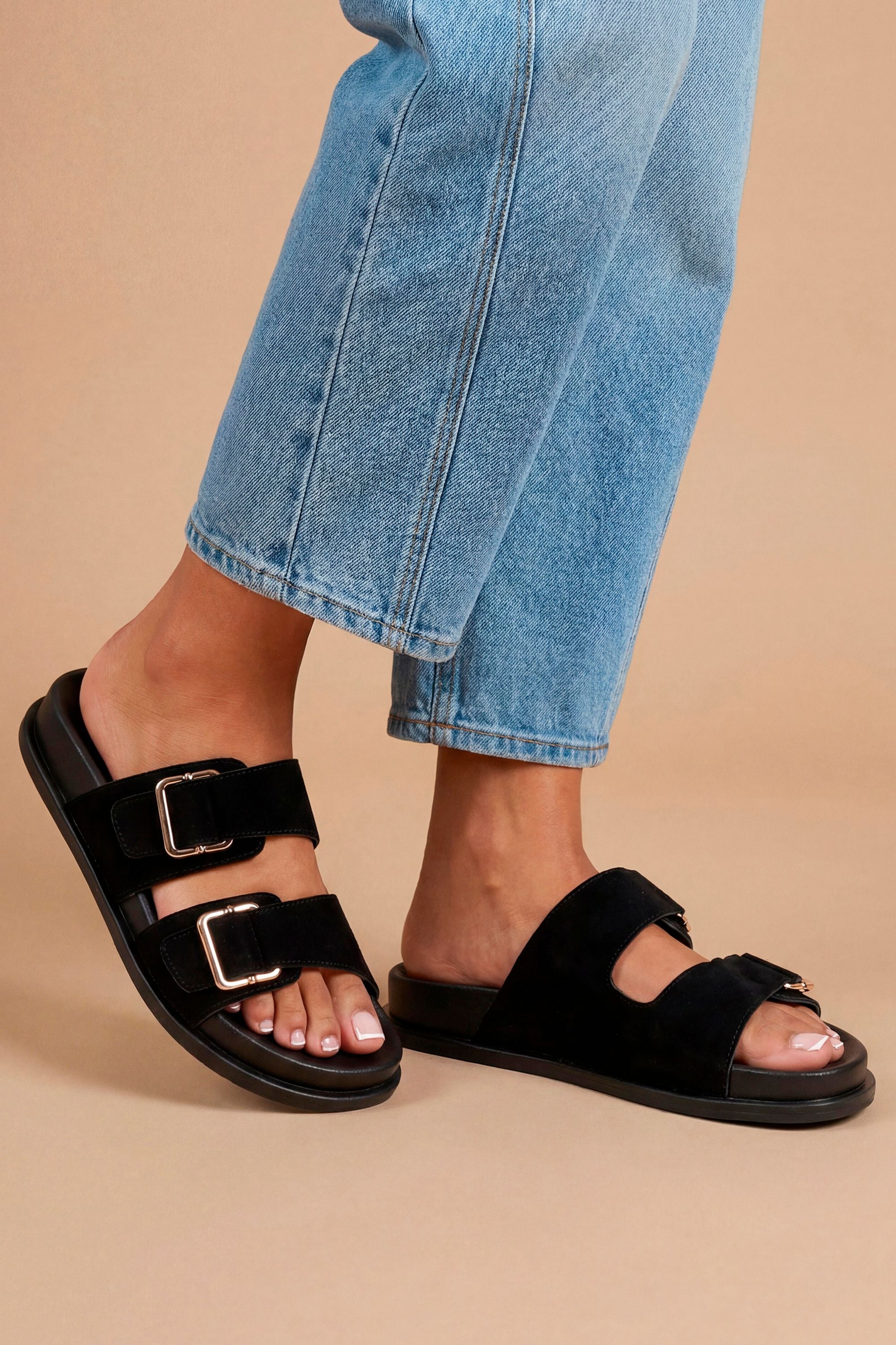 Dorothy Perkins Fisher Faux Suede Double Buckle Footbed Flat Sandals Natural Black