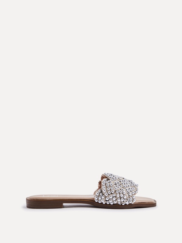 Linzi Lanette Nude Faux Leather Plaited & Beaded Flat Sandals