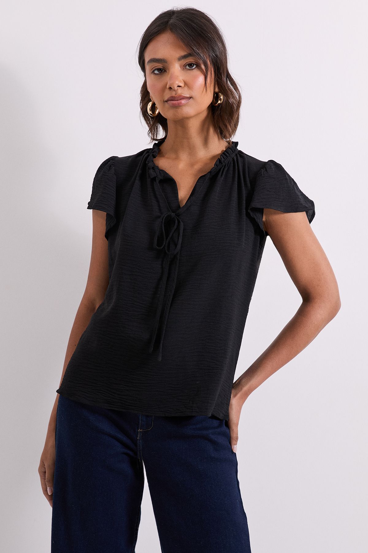 Dorothy Perkins Frill Sleeve Tie Front Top Black image 1