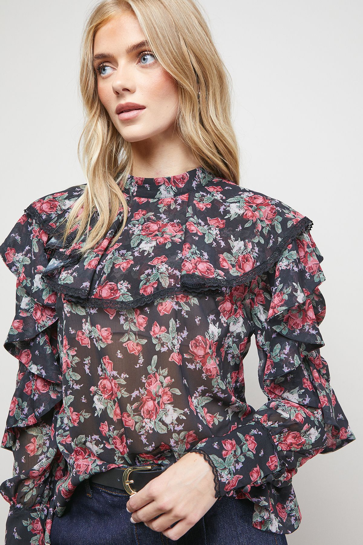 Oasis Printed Frill Yoke High Neck Blouse Floral image 4