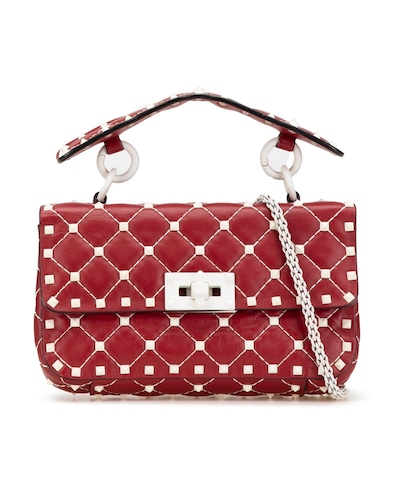Valentino Preloved Rockstud Quilted Leather Shoulder Bag Wo - Red Satchel