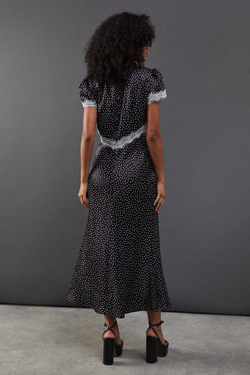 Warehouse Spot Satin Lace Trim Midaxi Tea Dress Mono image 3