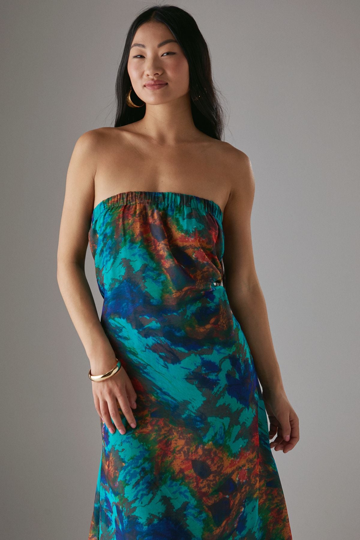 Warehouse Petite Chiffon Elasticated Back Bandeau Maxi Dress Blue image 4