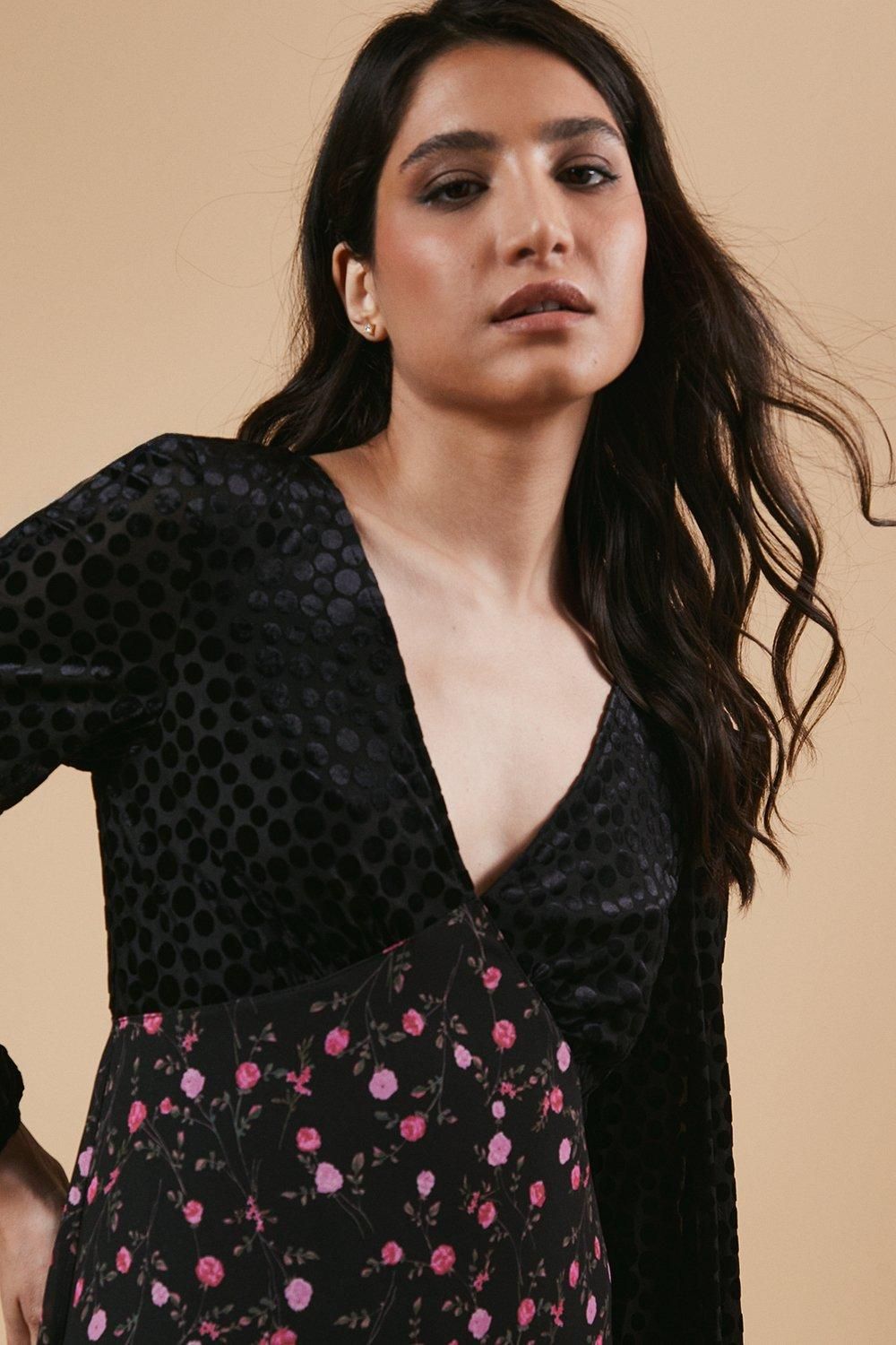 Oasis Occasion Floral Spot Bodice Midi Dress Black image 4