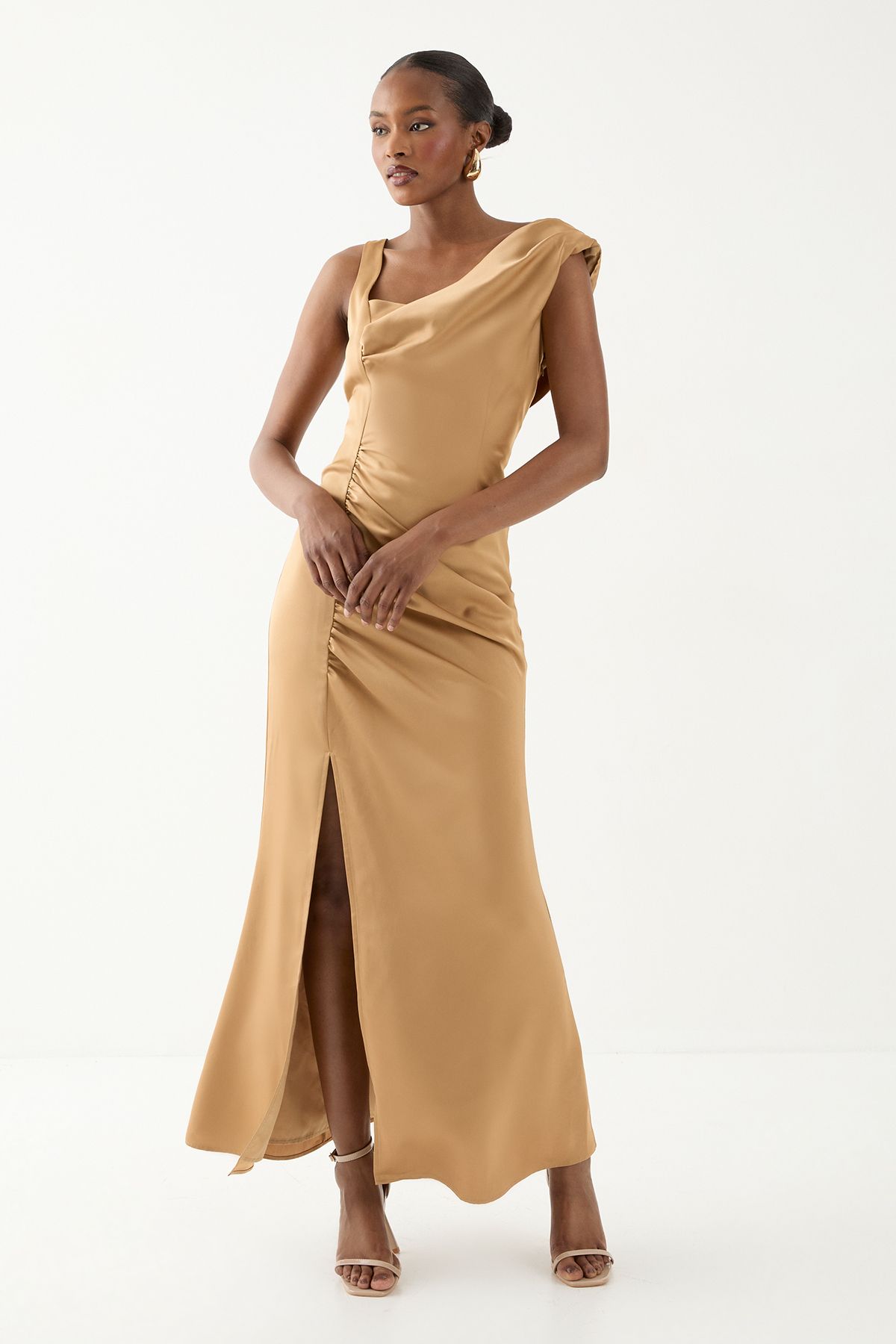 MissPap Satin Ruched Drape Bridesmaid Dress Bronze