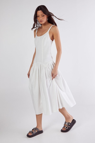 NastyGal Linen Mix Drop Waist Seamed Midi Dress White