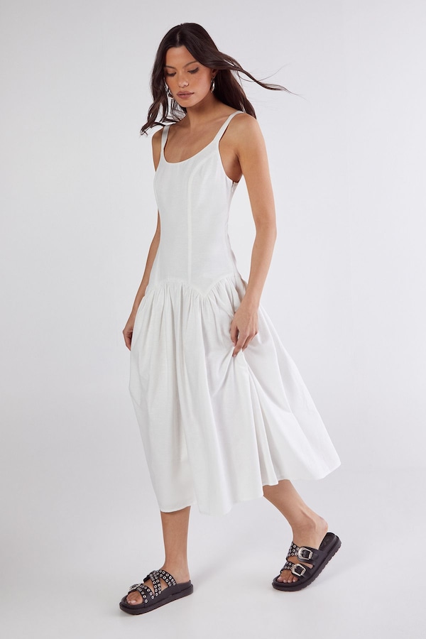 NastyGal Linen Mix Drop Waist Seamed Midi Dress White