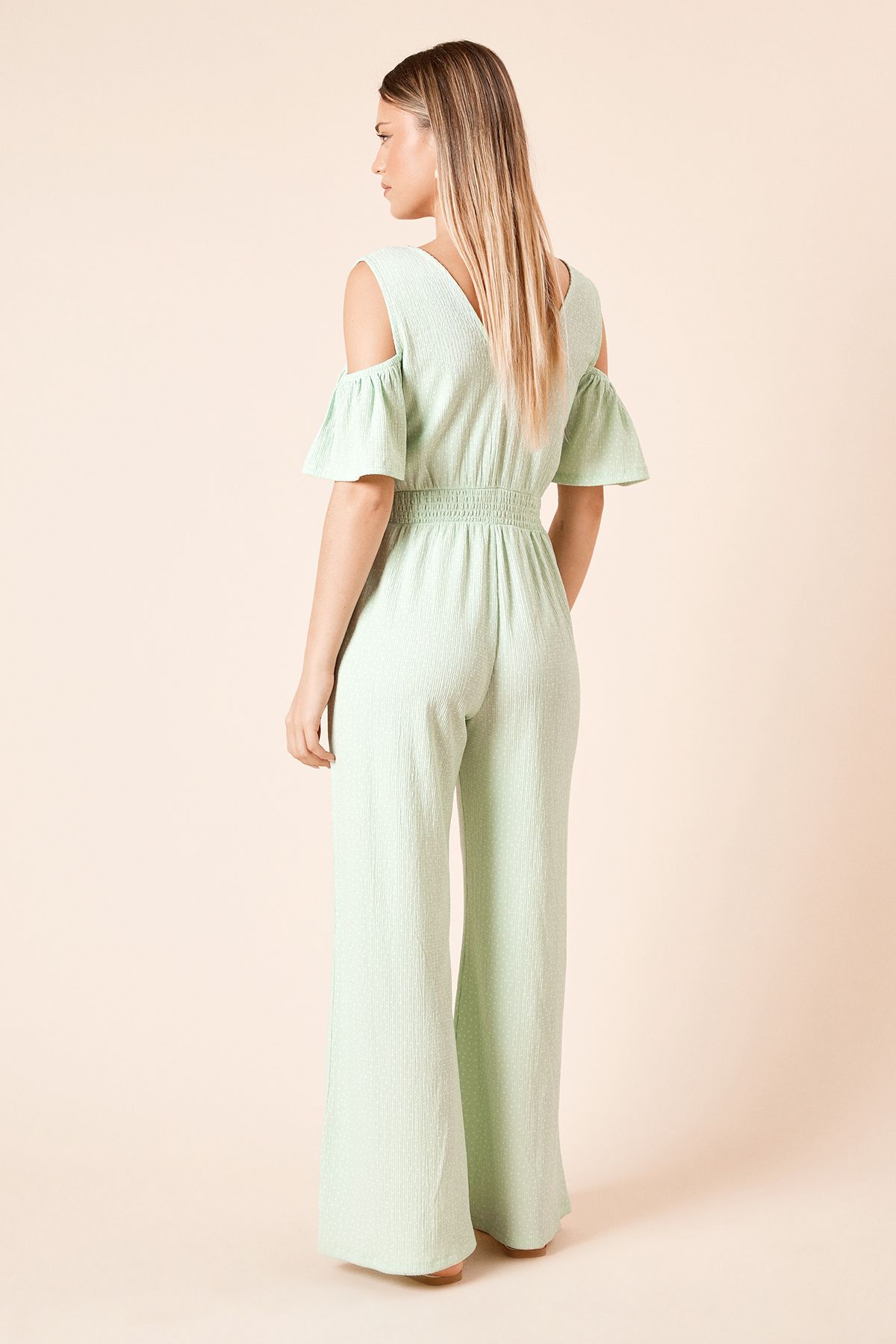 Dorothy Perkins Pin Spot Cold Shoulder Flutter Sleeve Jersey Jumpsuit Green image 5