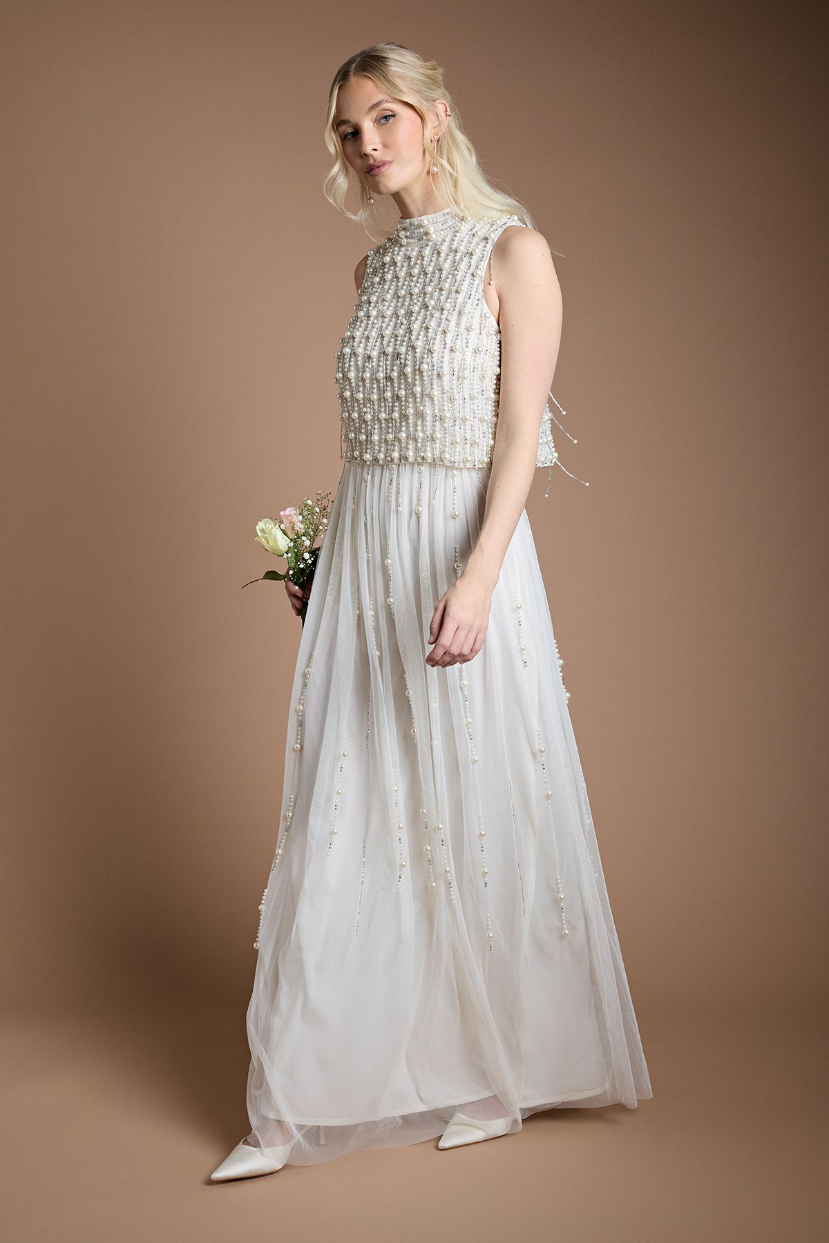Coast Pearl Beaded Overlay Georgette Wedding Dress Ivory