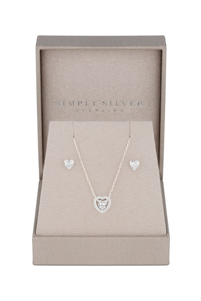 Simply Silver Sterling Silver 925 Halo Heart Jewellery Set - Gift Boxed