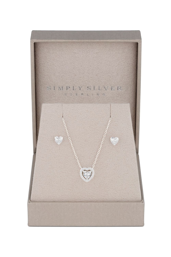 Simply Silver Sterling Silver 925 Halo Heart Jewellery Set - Gift Boxed