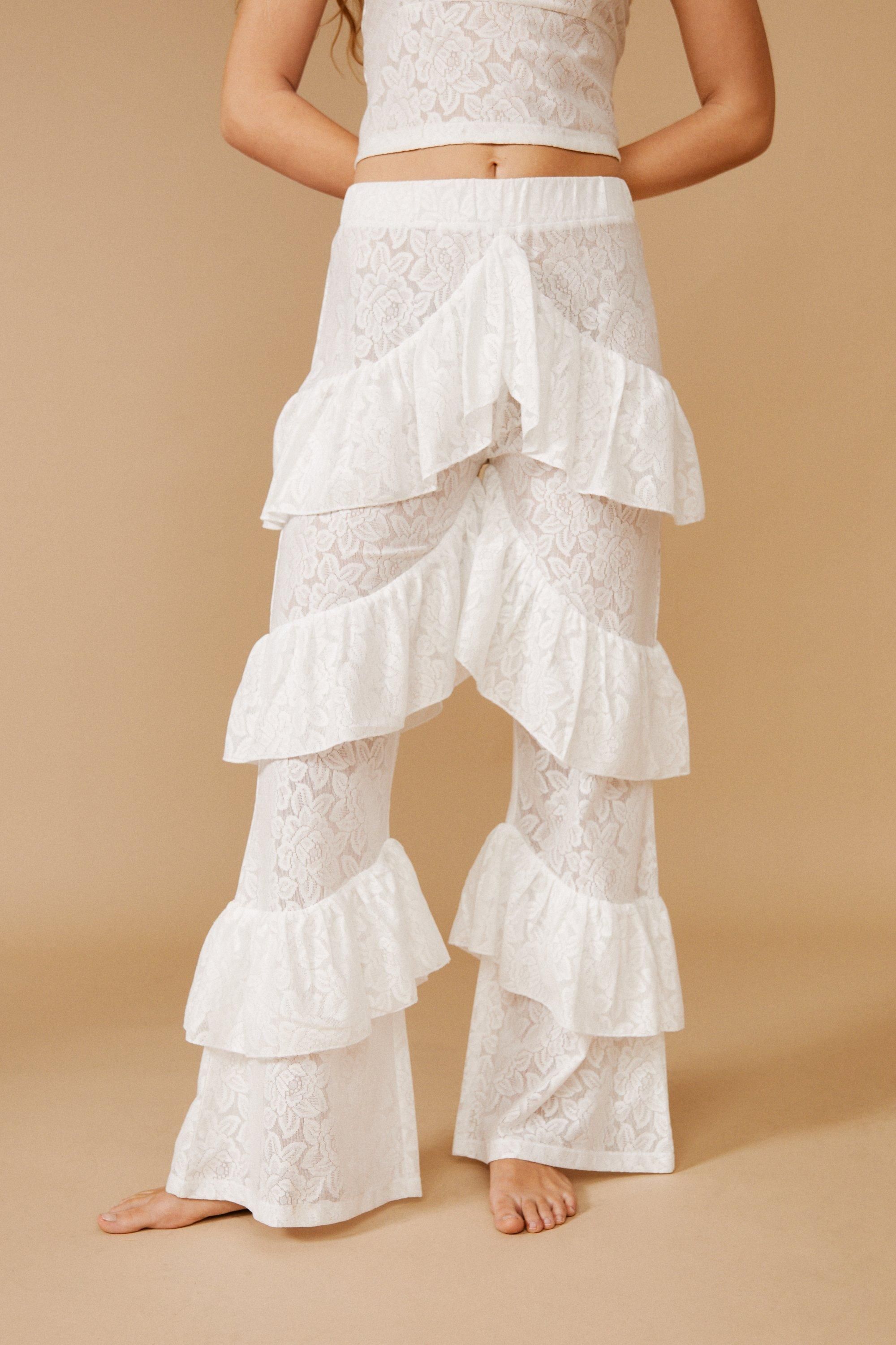 NastyGal Lace Frill Flare Pants White image 2