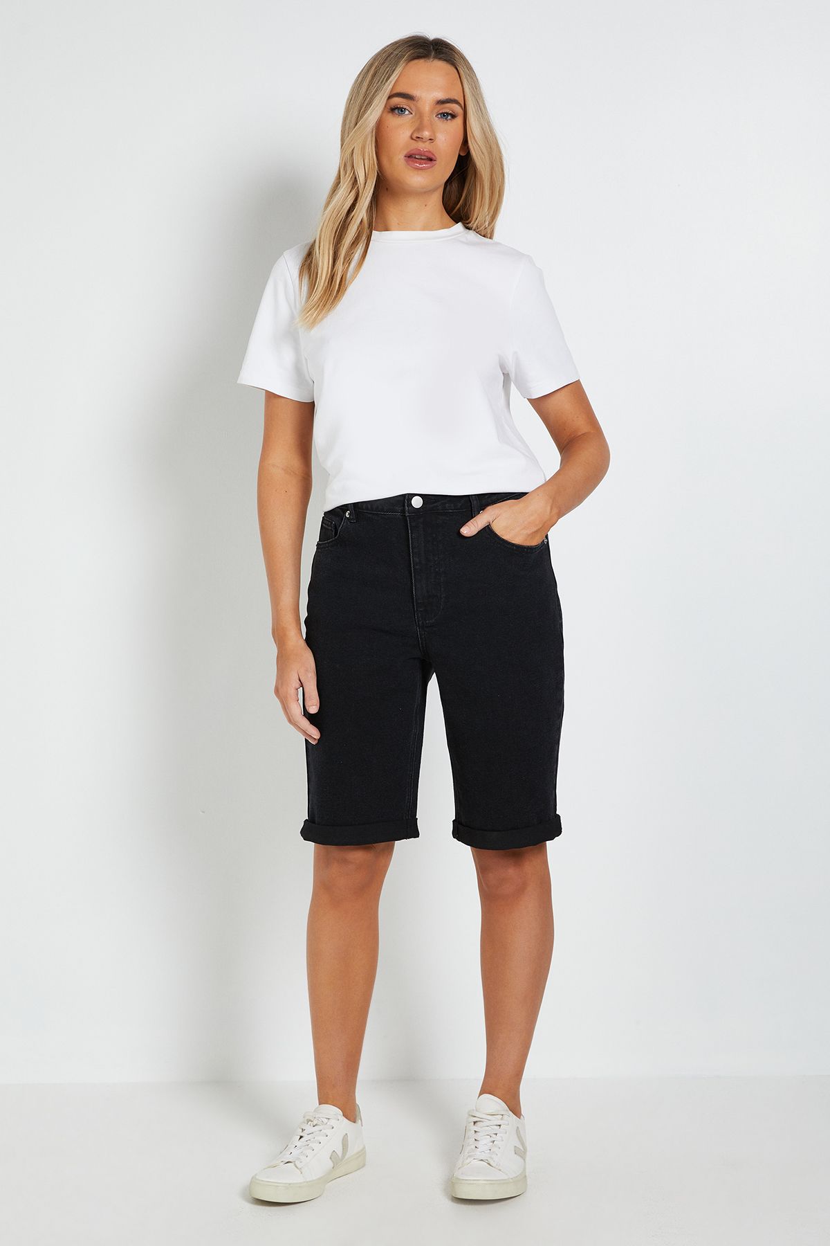 Dorothy Perkins Stretch Denim Turn Up Shorts Black