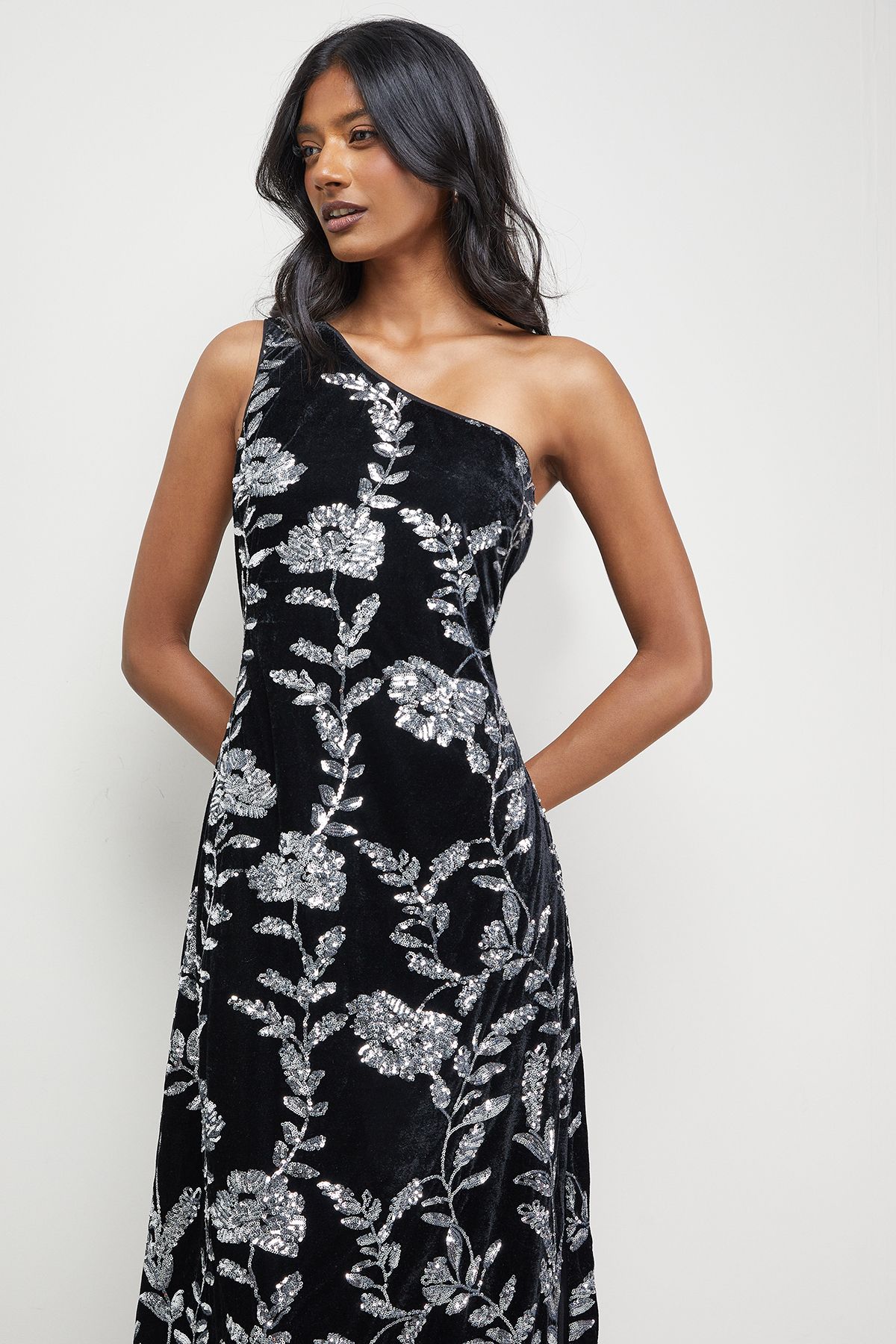 Warehouse Velvet Sequin One Shoulder Midi Dress Silver image 2