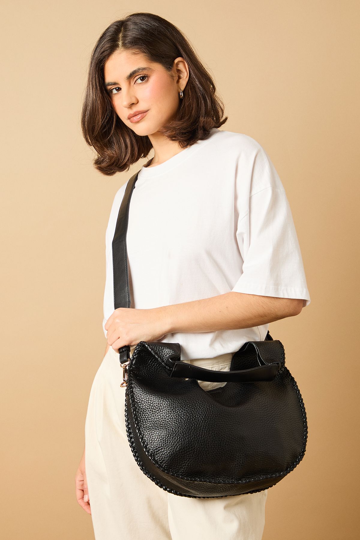 Oasis Faux Leather Whipstitch Detail Slouch Shoulder Bag Black image 1