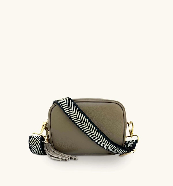 Apatchy London Latte Leather Crossbody Bag With Black & Gold Chevron Strap