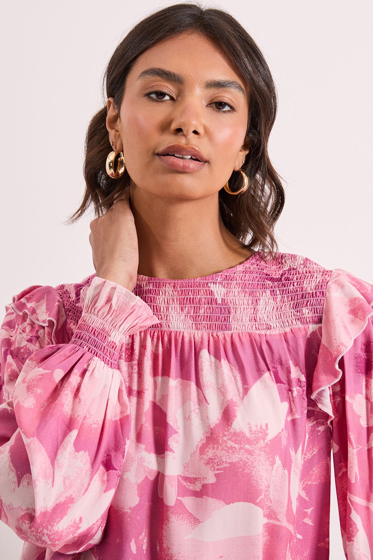 Dorothy Perkins Pink Floral Shirred Yoke Frill Detail Top Pink image 4