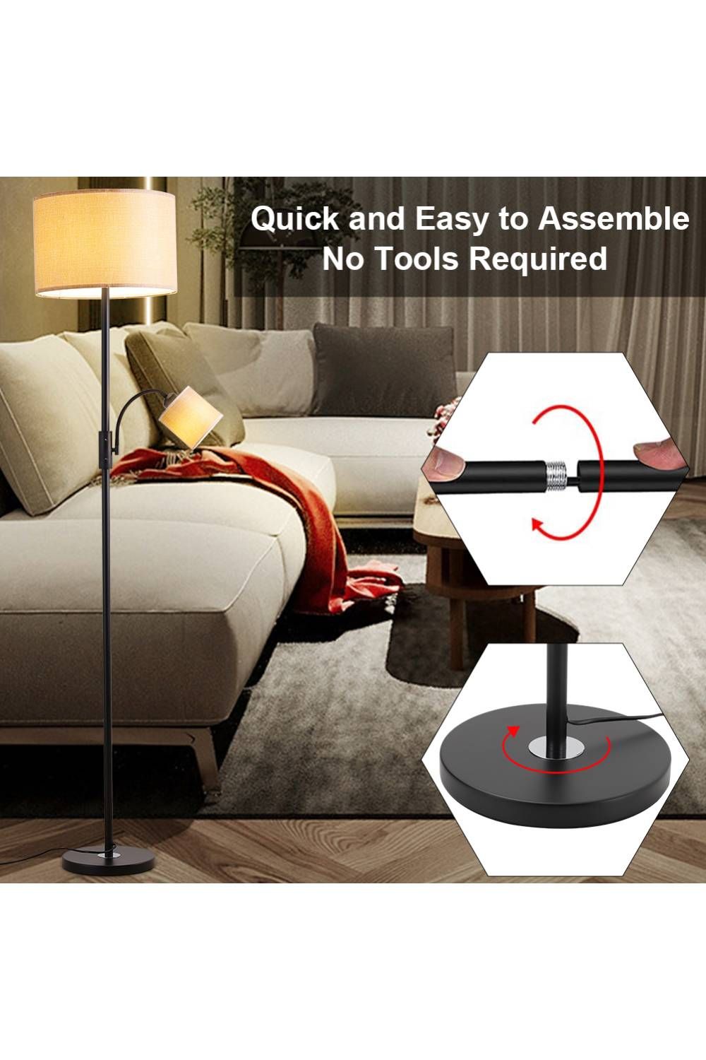 Living and Home 2 Light Floor Lamp with Swivel Shade for Living Room Lighting image 7