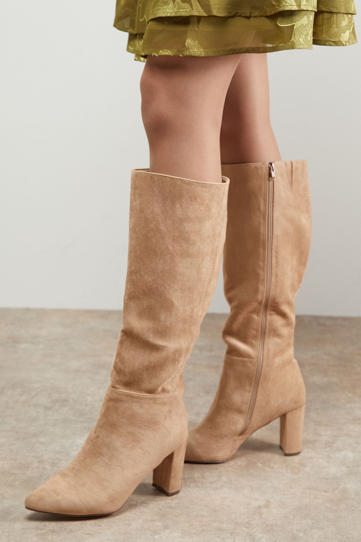 Oasis Kora Faux Suede High Block Heel Pointed Knee Boots Beige image 3