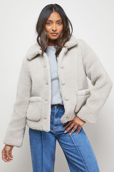 Oasis Teddy Shearling Button Through Short Jacket Stone