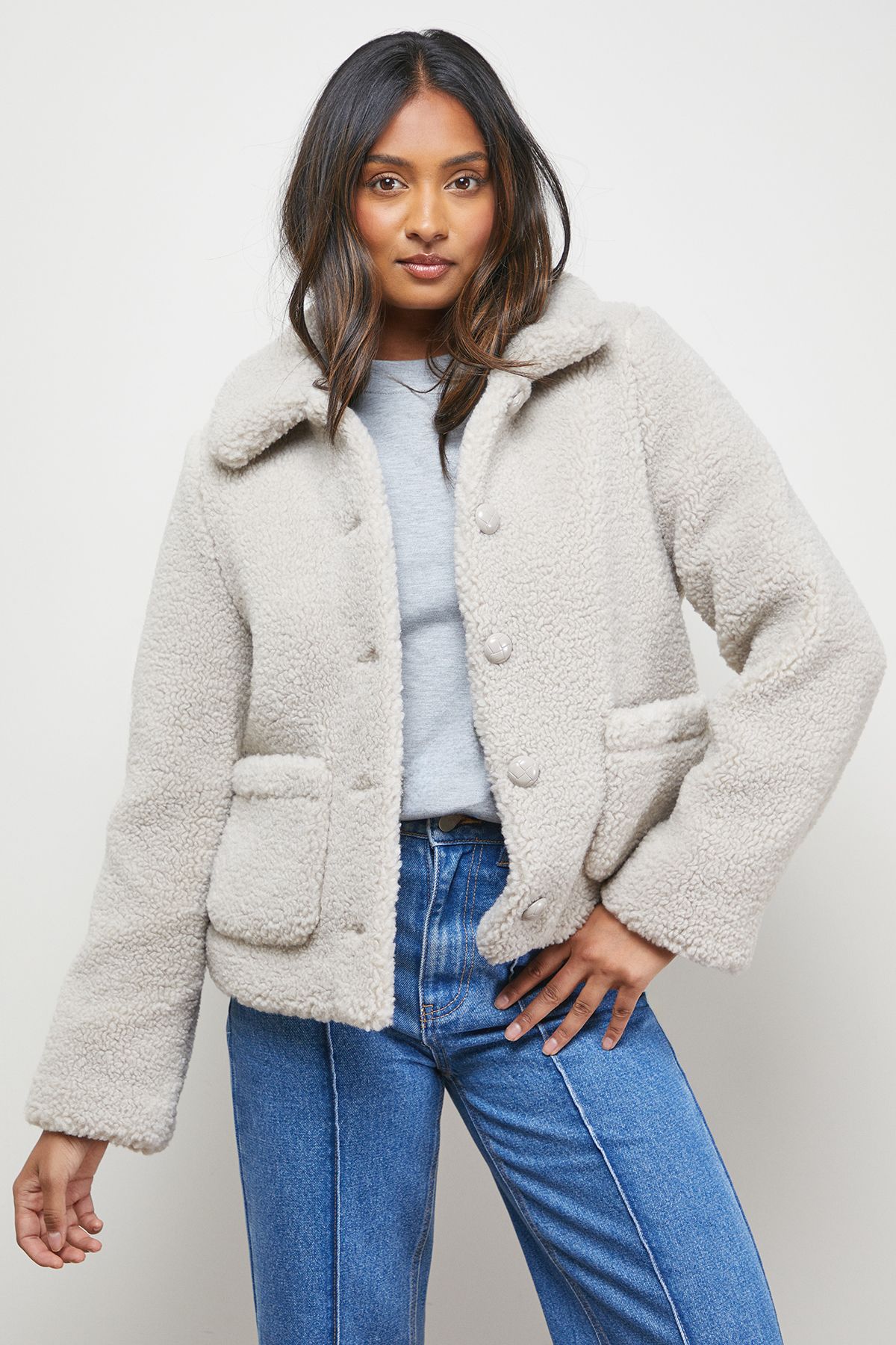 Oasis Teddy Shearling Button Through Short Jacket Stone
