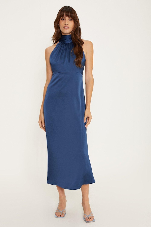 Oasis Satin Halter Neck Midi Bridesmaids Dress Navy