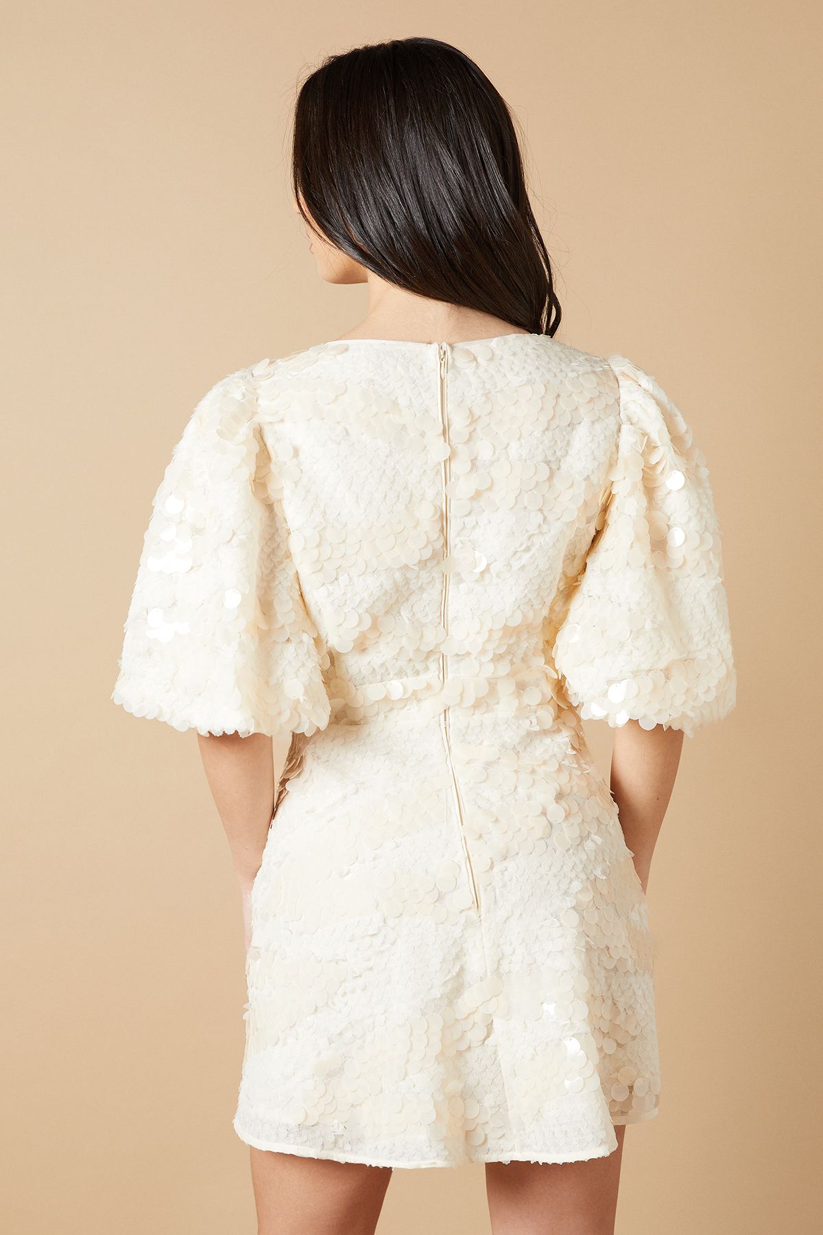 Oasis Flared Sleeve Disc Sequin Mini Dress Ivory image 4