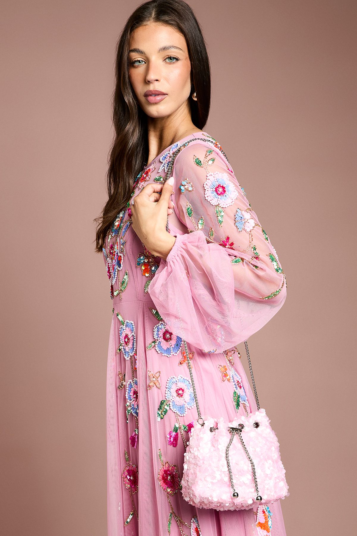 Coast Mia Drawstring Sequin Crossbody Bag Blush