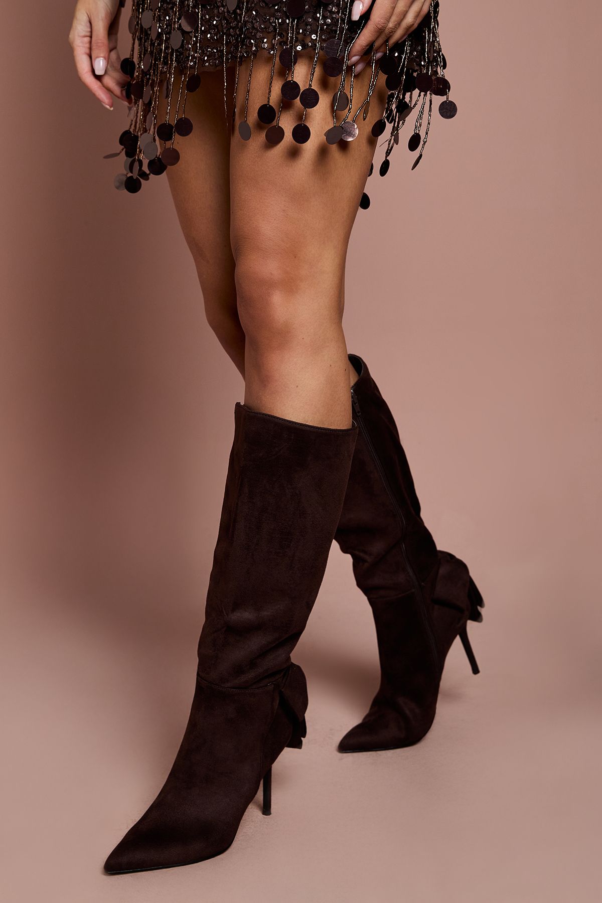 Coast Natasha Faux Suede Bow Back High Stiletto Heeled Knee Boots Chocolate