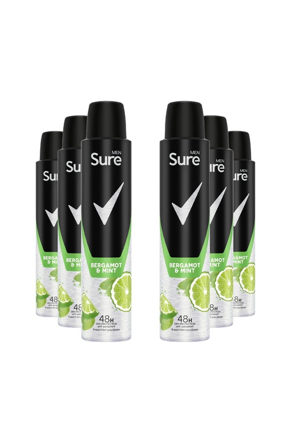 Sure Men 'Deodorant Spray' Bergamot & Mint with 48Hrs Protection 200ml, 6pk