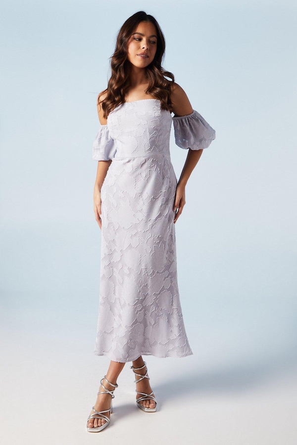 Oasis Rose Jacquard Puff Sleeve Asym Detail Bridesmaids Midi Dress Lilac