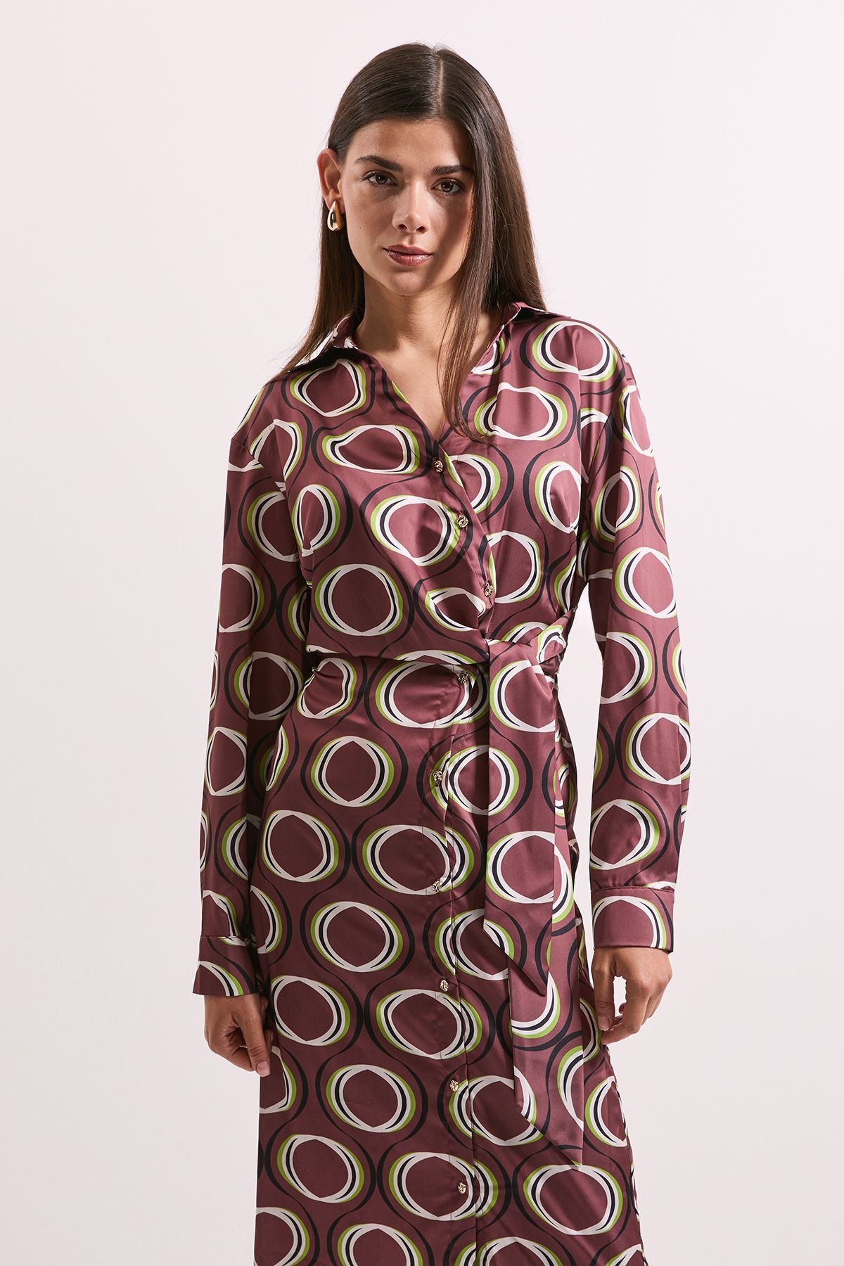 Principles Printed Tie Waist Button Detail Satin Shirt Dress Brown image 2