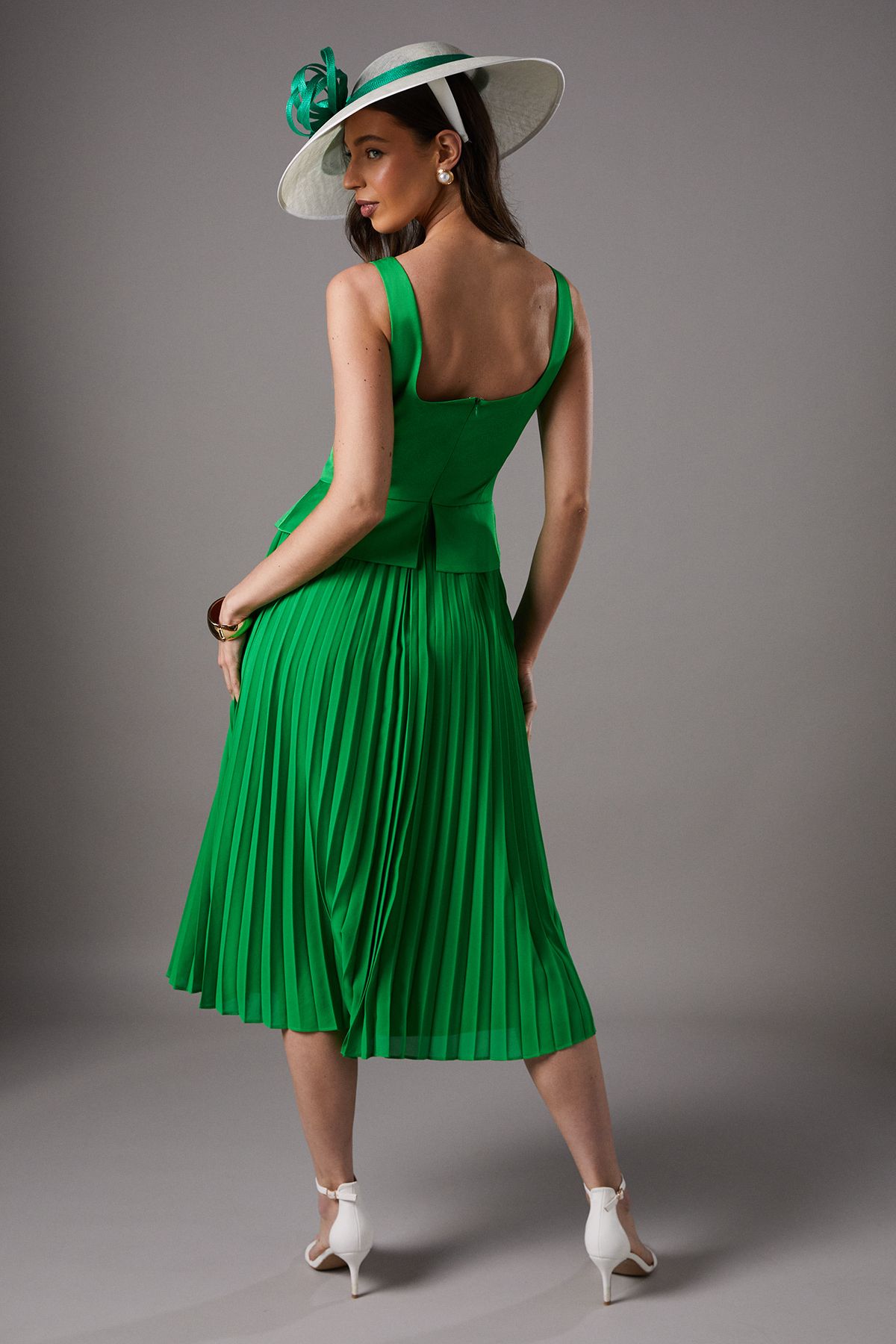 Coast Lisa Tan Peplum Cross Detail Pleated Midi Dress Green image 3