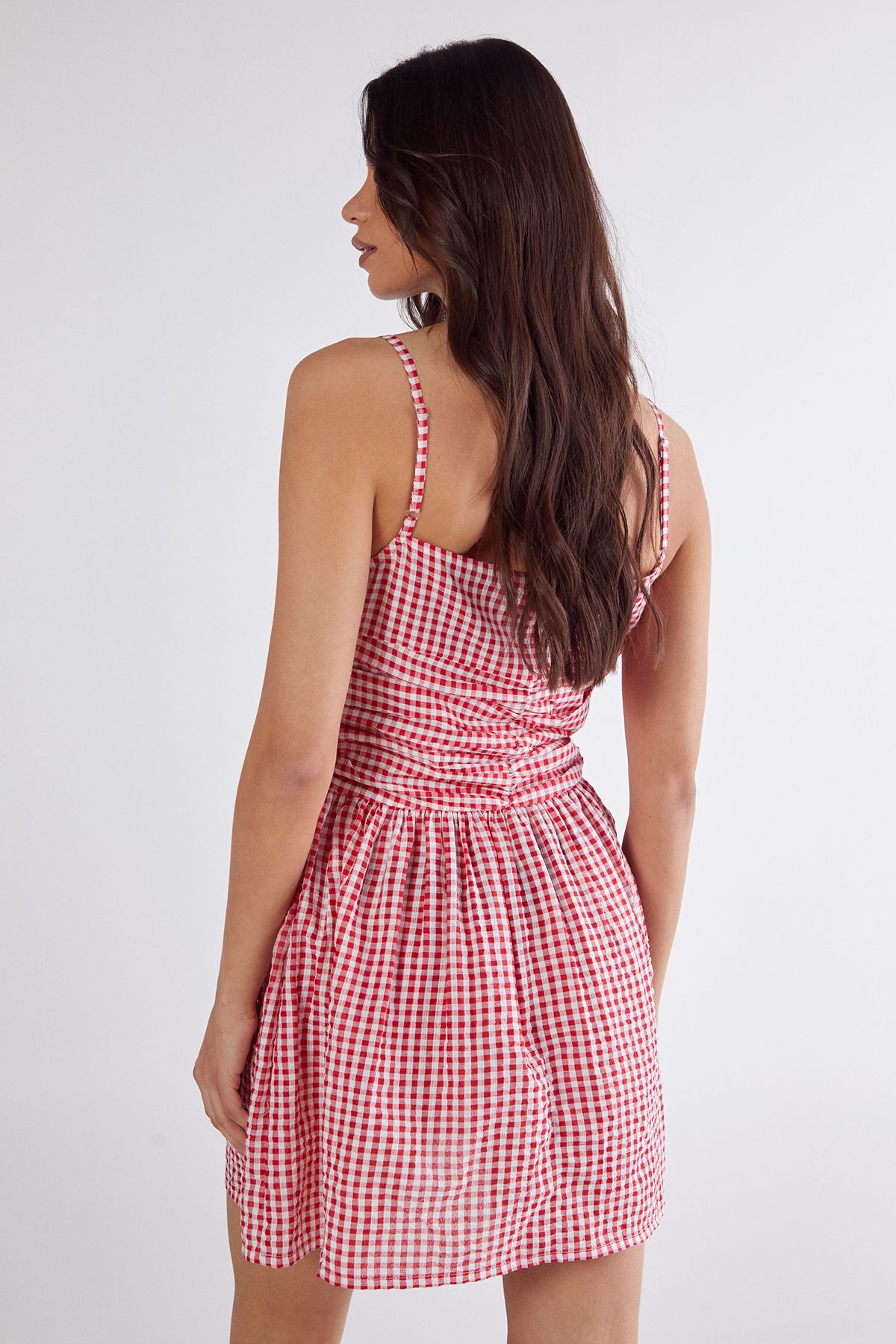 NastyGal Gingham Ruched Button Front Strappy Mini Dress Red image 4