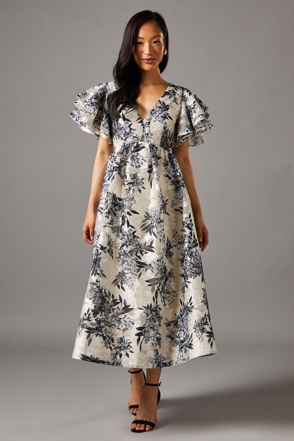 Coast V Neck Flutter Sleeve Jacquard Midi Dress Silver image 1