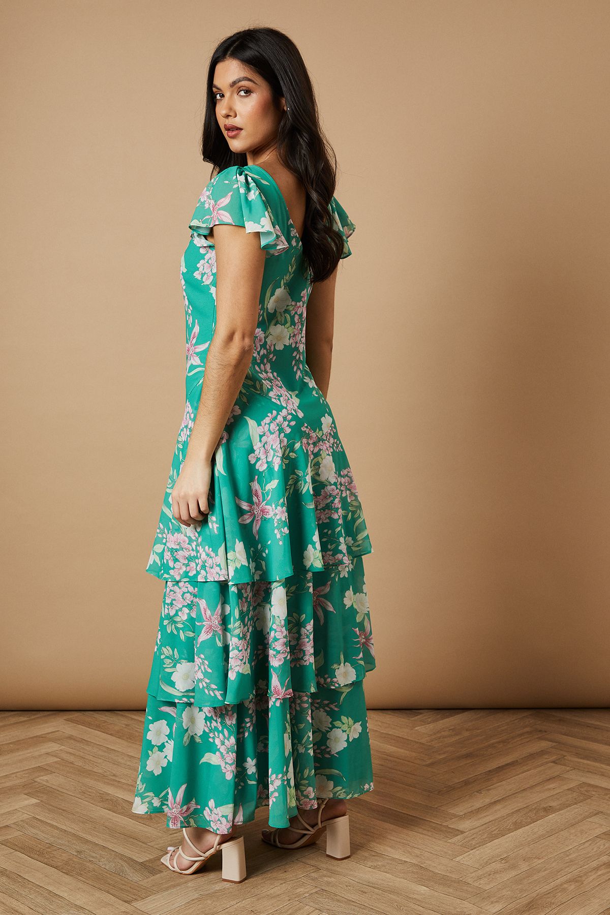Oasis Floral Printed Chiffon Ruffle Tiered Maxi Dress Green image 3