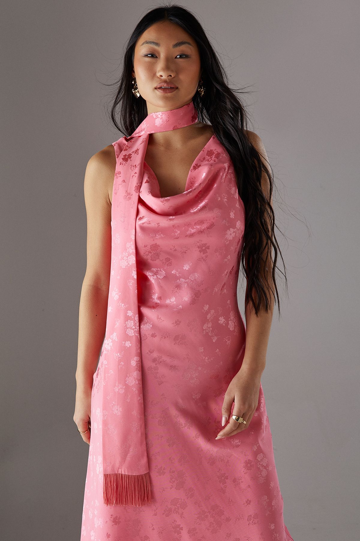Warehouse Petite Satin Jacquard Cowl Scarf Neck Fringe Midi Slip Dress Pink image 2