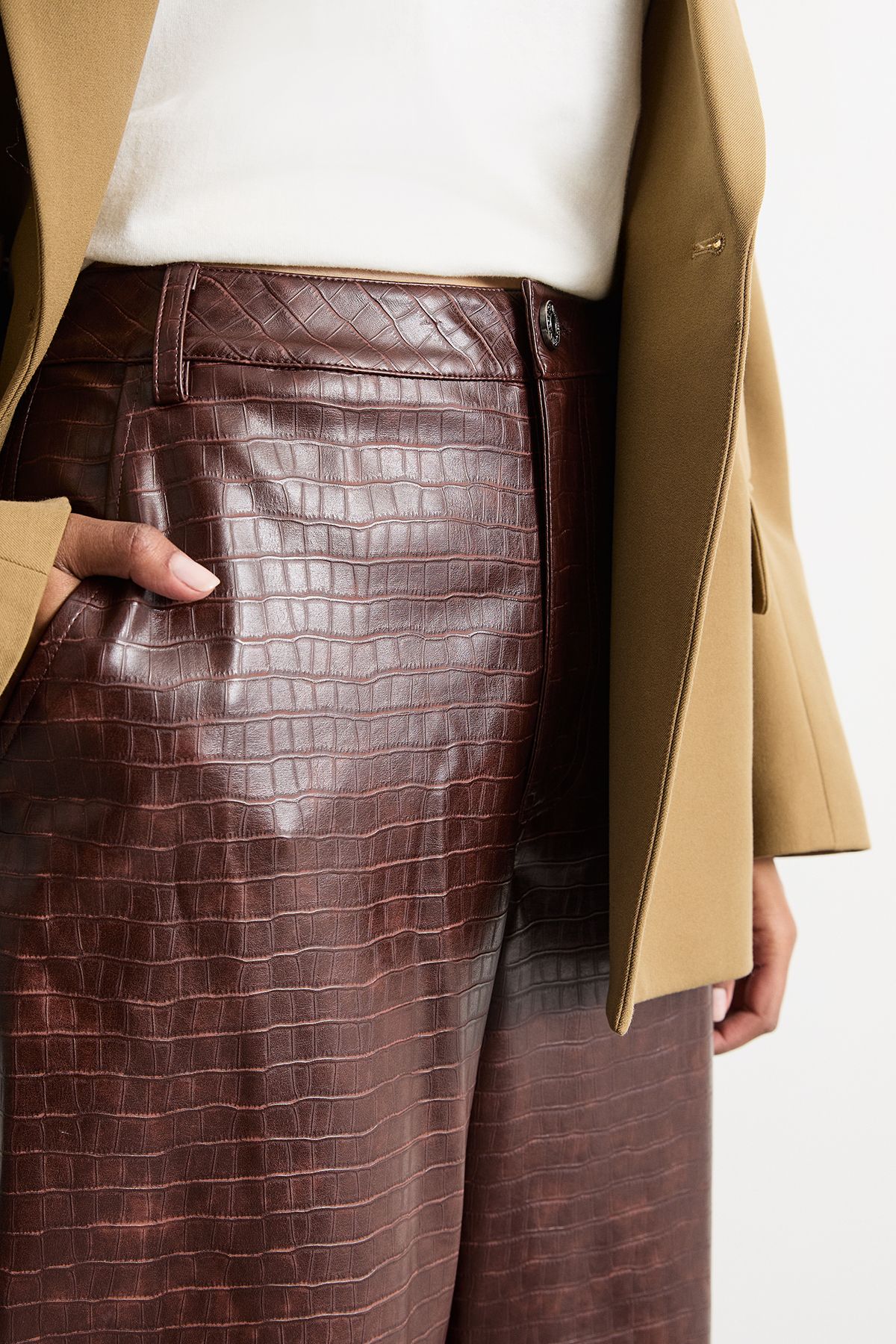 Warehouse Faux Leather Croc Embossed PU Straight Leg Chocolate image 4