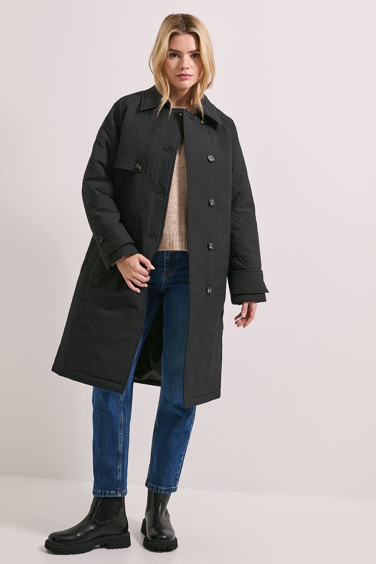 Dorothy Perkins Collar Detail Quilted Midi Coat Black