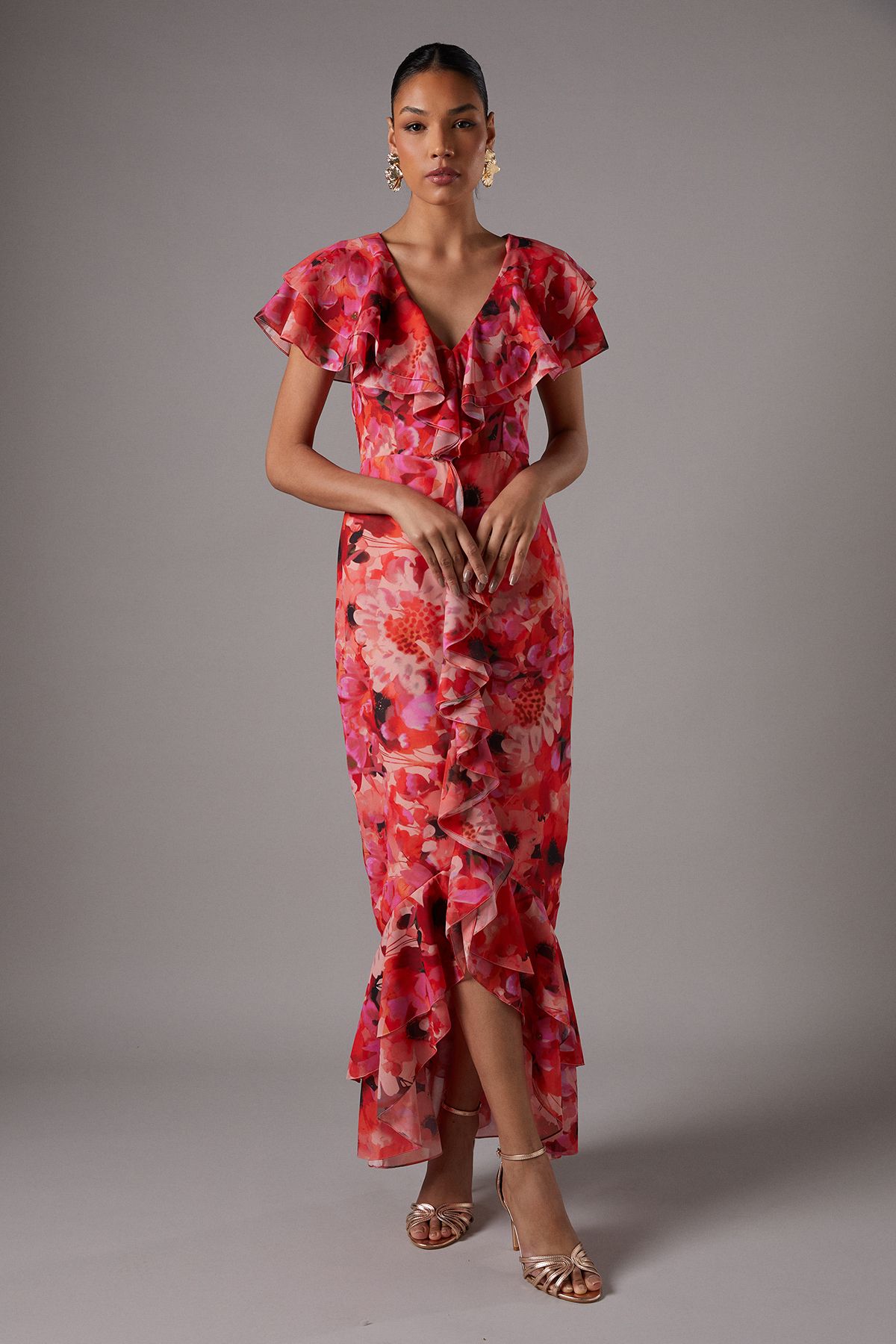 Coast Short Sleeve Chiffon Maxi Dress With Frills Multi image 1