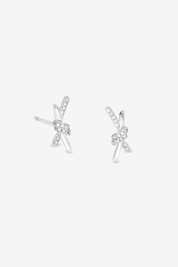 Simply Silver Sterling Silver 925 Polished and Pave Love Knot Stud Earrings