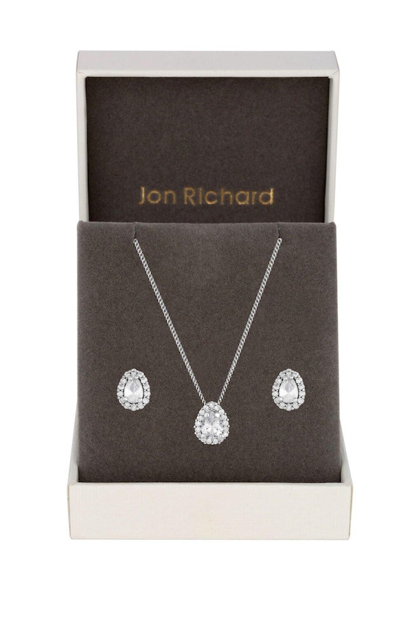 Jon Richard Rhodium Plated Cubic Zirconia Pear Stone Set - Gift Boxed